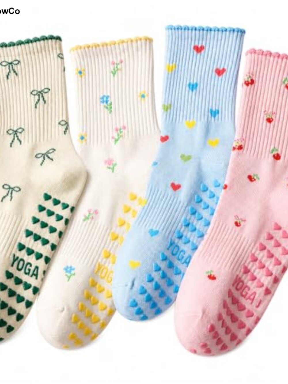 Pilates Grippy Socks with Ruffle, Women's Non-Slip Cotton Yoga Socks 4 Pack